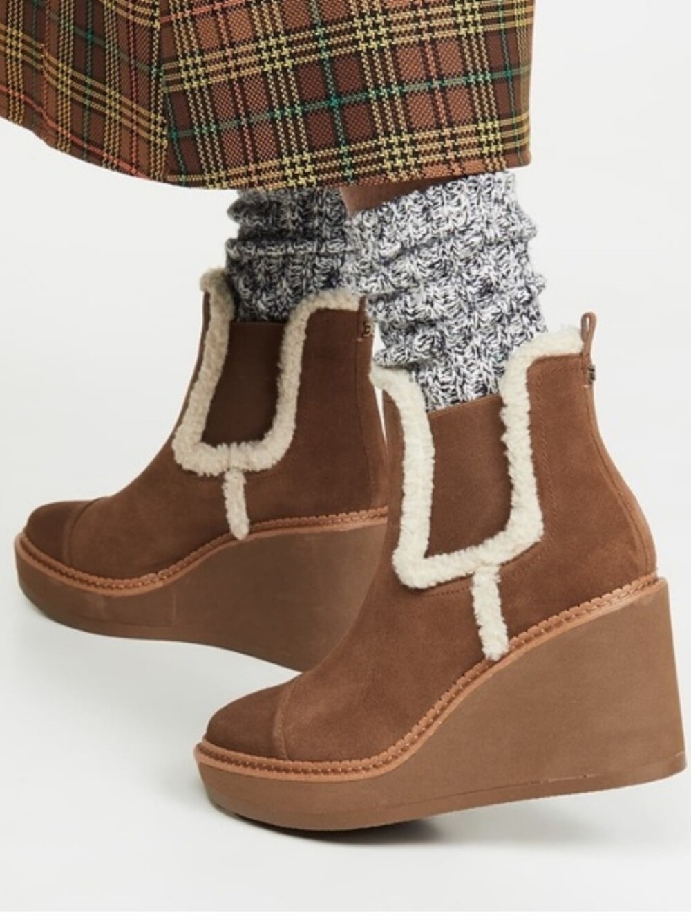 Sam Edleman Reagan Wedge Boot Toffee Brown Shearling Trim Size 10